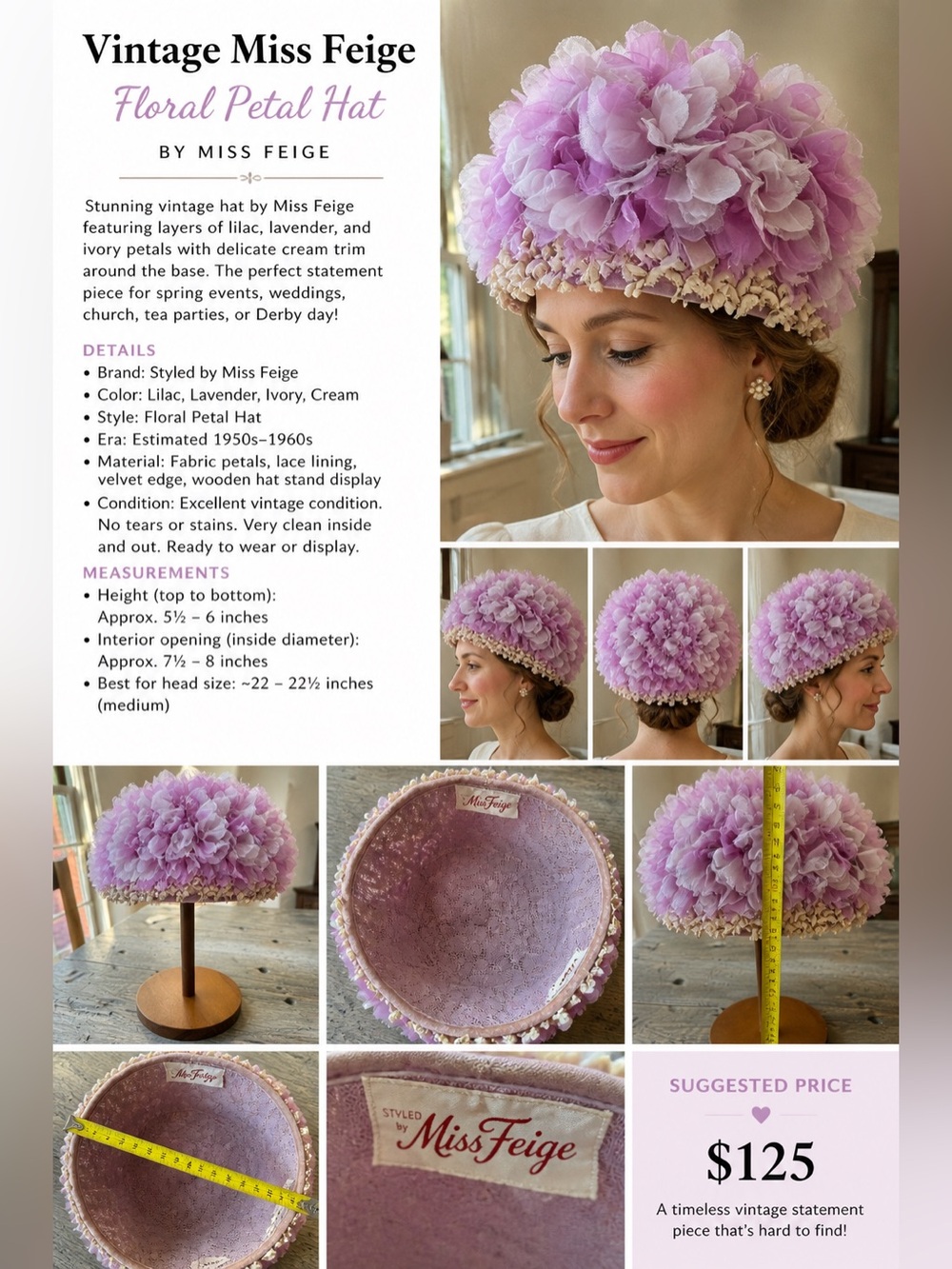 Vintage 1950s/60s Miss Feige Lavender Floral Petal Pillbox Cocktail Hat